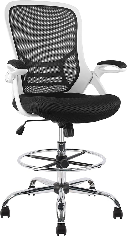 HYLONE Drafting Chair, Tall Office Chair Mesh Standing Desk Stool with Adjustable Foot Ring, Flip-Up Arms, White & Black-DeskLoop Office