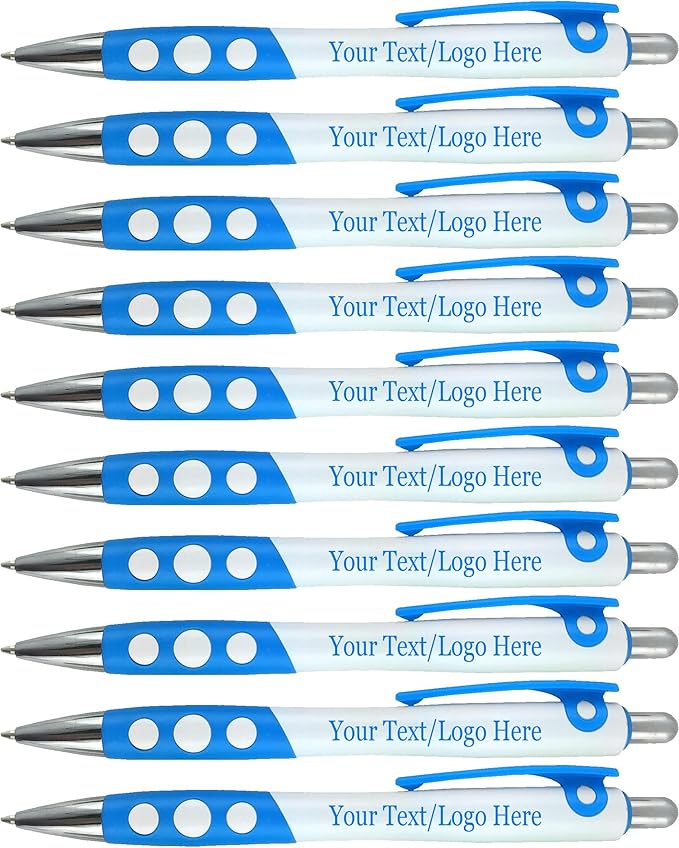 Personalized Ballpoint Pens With Custom Logo/ Text-350 Pack Bulk-for Businesses, Parties, & Events, Custom Printed, White Barrel with Matching Colored Clip and Grip, Click Pens, Black Ink, Light Blue-DeskLoop Office