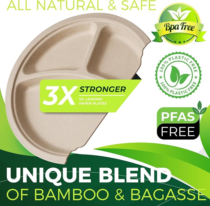 100PCS 100% Compostable 10in Brown Paper Plate, 3-Compartment Heavy Duty - Image 3