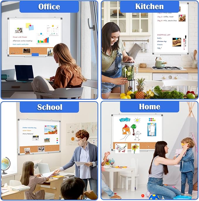 Whiteboard Cork Board Combo for Wall, WALGLASS 36" x 24" Double-Sided Large Dry Erase Whiteboard Corkboard Combination, Hanging Wall Mount Bulletin Board with Aluminum Frame for Office, Home, School-DeskLoop Office