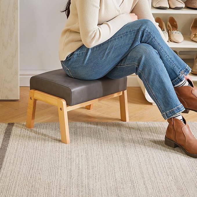 IBUYKE 10.2” H Small Foot Stool Ottoman, Rectangle PU Faux Leather Foot Rest with Padded Seat and Wood Legs, Modern Accent Ottoman Foot Rest for Living Room Bedroom Couch Office, Grey WBD013G-DeskLoop Office