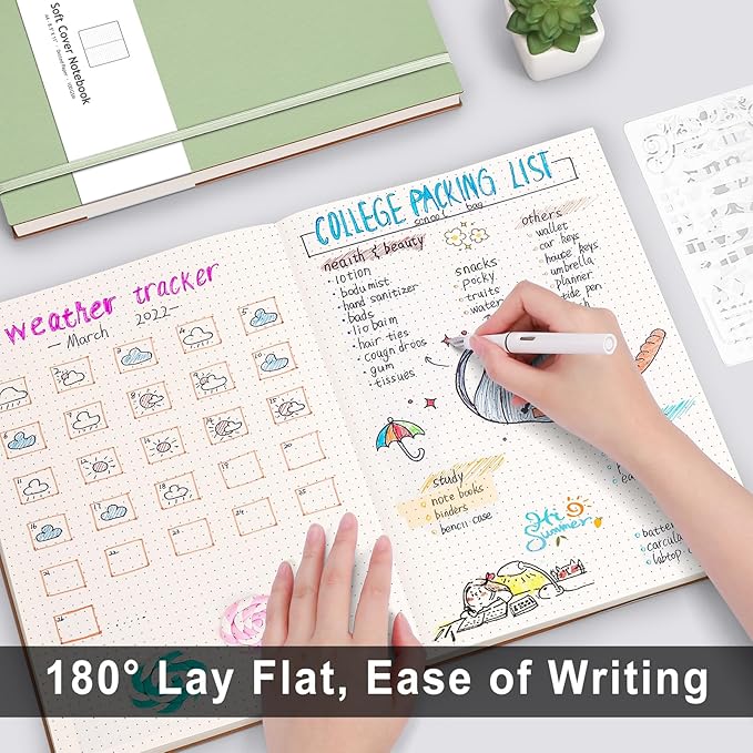 AHGXG Bullet Dotted Journal - Large A4 Notebook Dotted, 8.5''×11'', 320 Pages Dot Grid Notebook, 100gsm Thick Paper, Leather Softcover, with Journal Stencils, Inner Pocket - LightGreen-DeskLoop Office