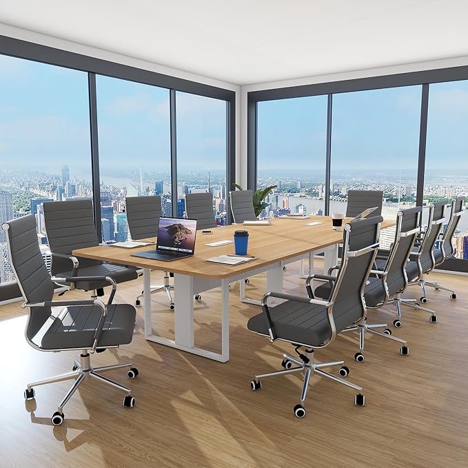 Home Office Chair Ribbed, Modern Leather Conference Waiting Room Chairs,Ergonomic Office Desk Chair, High Back Executive Computer Chair, Adjustable Swivel Chair with Arms (Gray)-DeskLoop Office