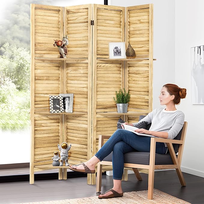 Room Divider with Shelves, 5.6FT Folding Room Divider Panel, 4 Panel Wood Partition Wall Divider for Room Separation, Natural Wood-DeskLoop Office