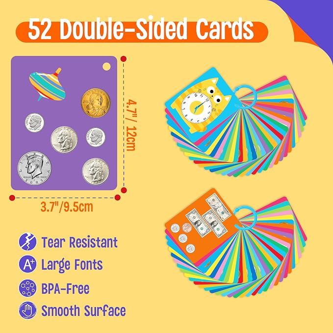 52 PCS Time & Money Flashcards, Double Sided Cognition Cards-Coin Value - Image 2