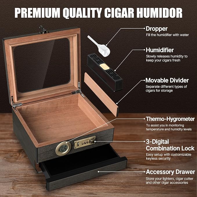 Tesonway Cigar Humidor, Cedar Wood Humidor Cigar Box, Glass Top Desktop Humidor - Image 2