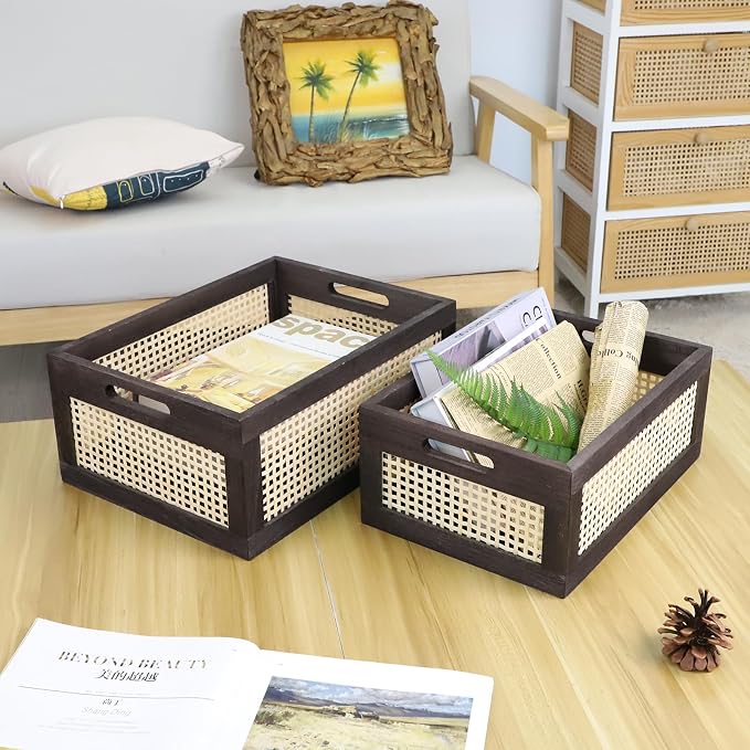 Desktop Storage Basket, Sundry Office Drawer Storage Box, Wood Frame Storage - Image 6