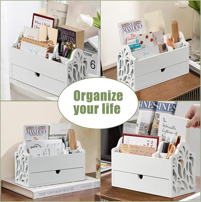 Desk Organizer with Drawer Wood File Office Mail Organizer Countertop-5 Slot - Image 4