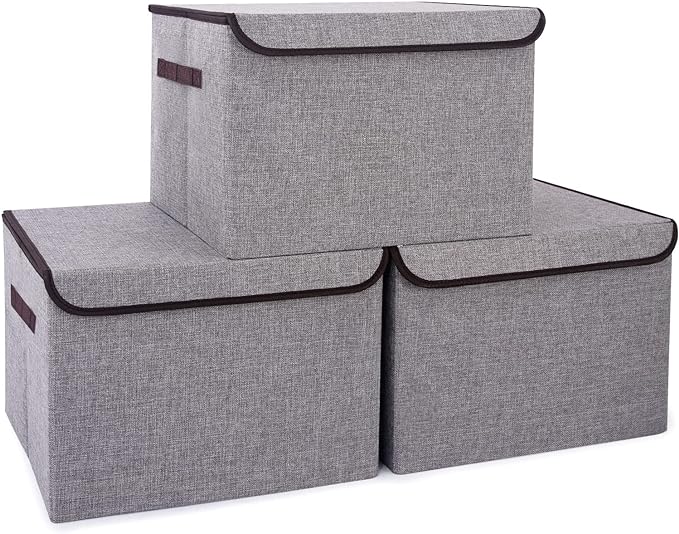 Large 17" 42 Quarts Collapsible Stackable Storage Bins with Lids [3-Pack] Foldable Fabric Linen Storage Boxes Cube, Closet Organizer Baskets with Label for Home (16.7 x 12 x 12, Gray)-DeskLoop Office