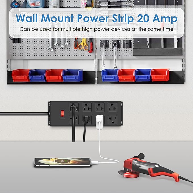 JUNNUJ Heavy Duty 20 Amp Power Strip, Garage 8 Outlets Metal 12 Gauge Surge Protector 3000J, High Amp 5-15P Adapter Shop 6-20R T-Slot Industrial Outlets (8AC, 15FT)-DeskLoop Office