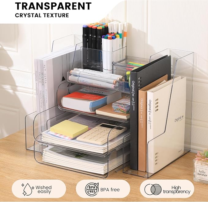 CiWiVOKi Desk Organizer with 2 Vertical File Holder, 4 Tier Stackable Paper - Image 3