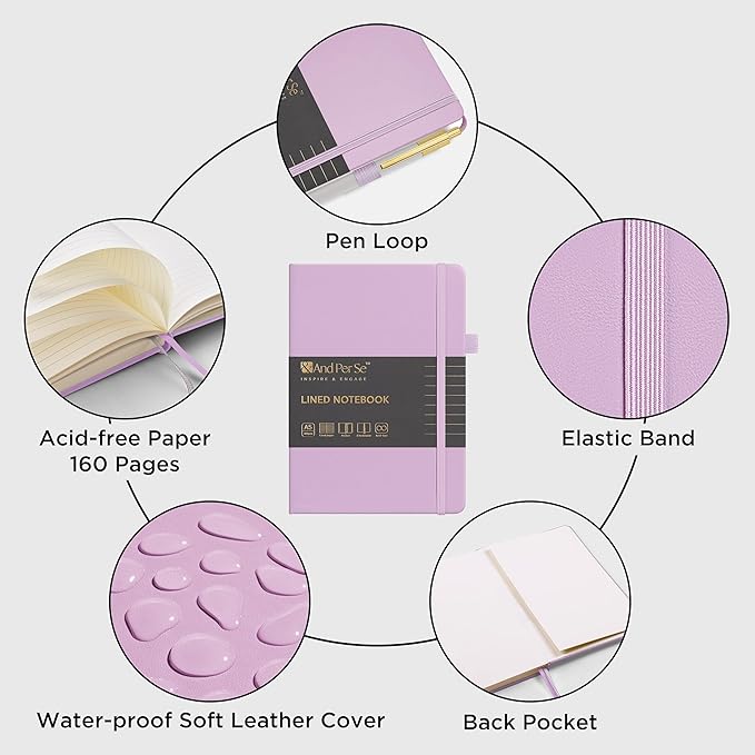 A5 Lined Leather Journal and Pen Set (3 packs), Hardcover Notebook with Pen, 160 Pages 100gsm Thick Ruled Paper for Men Women, for Work, Business, School or Home Writing, 5.7'' x 8'' (Purple)-DeskLoop Office