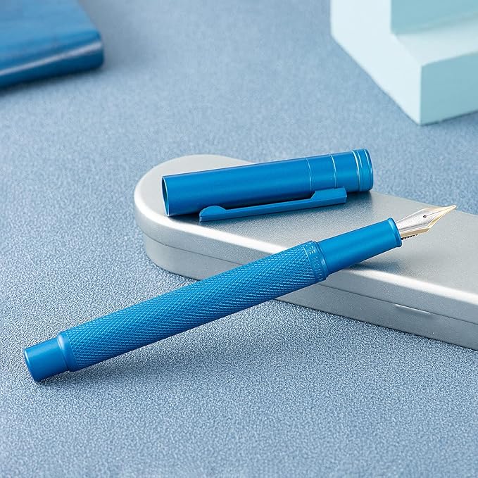 Hongdian 1851 Sky Blue Forest Fountain Pen Blade Nib Classic Design Calligraphy Pen with Converter and Metal Pen Case Set