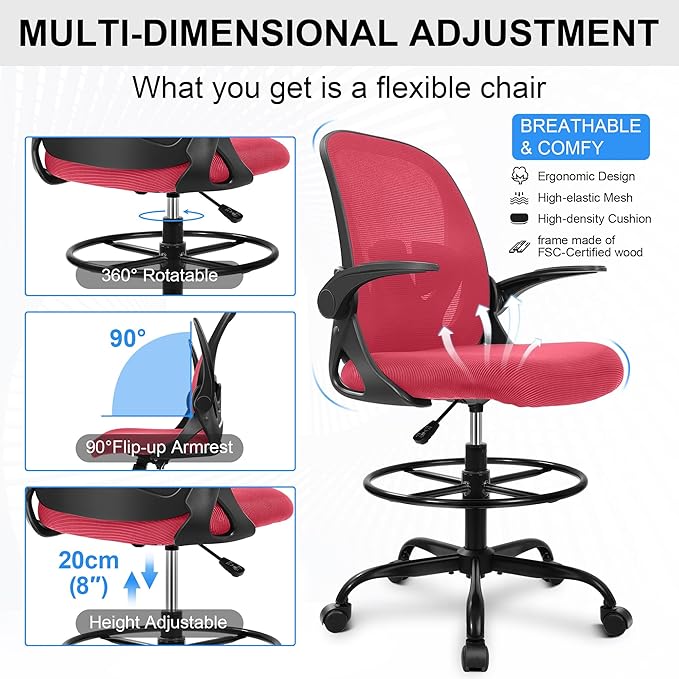 Primy Drafting Chair Tall Office Chair with Flip-up Armrests Executive Ergonomic Computer Standing Desk Chair with Lumbar Support and Adjustable Footrest Ring (Fire Brick)-DeskLoop Office