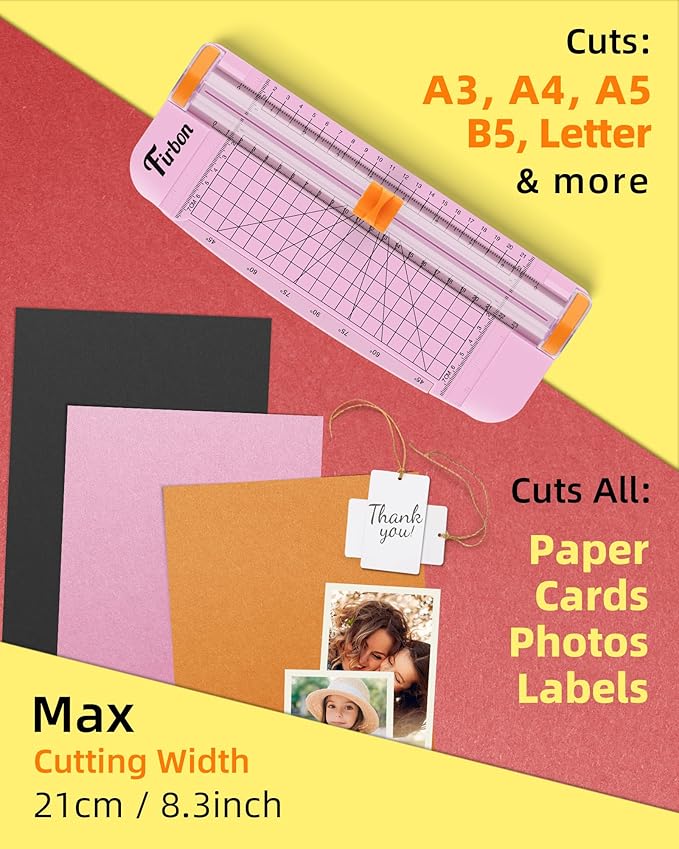 Firbon Pink A5 Paper Cutter, Straight Small Paper Trimmer with Side Ruler for Scrapbooking Craft, Paper, Coupon, Label, Cardstock-DeskLoop Office