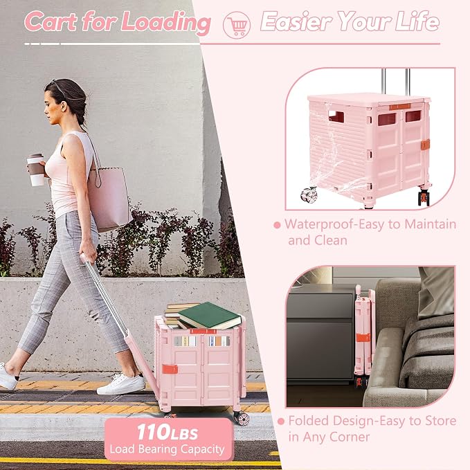 FELICON SELORSS Folding Utility Cart Portable Rolling Crate Handcart-Pink | - Image 4