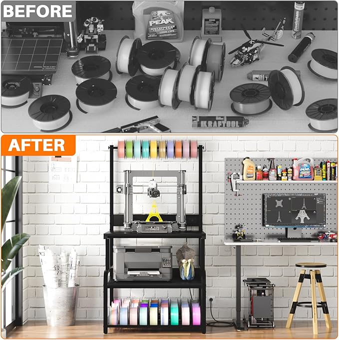 Homieasy Printer Stand with Charging Station, 29.1" x 22.8" Large 3D Printer Table with Filament Storage, Heavy Duty Rolling Printer Cart with 4-Tier Storage for Workshop/Office/Garage, Black-DeskLoop Office