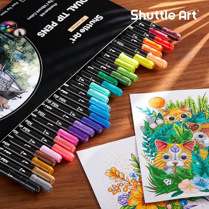 Shuttle Art Dual Tip Brush Marker Pens, 30 Colors Dual Tip Calligraphy Pens Fine and Brush Tip Markers Set, Water-based Ink Perfect for Kids Adult Artist Calligraphy Journal Doodling Writing-DeskLoop Office