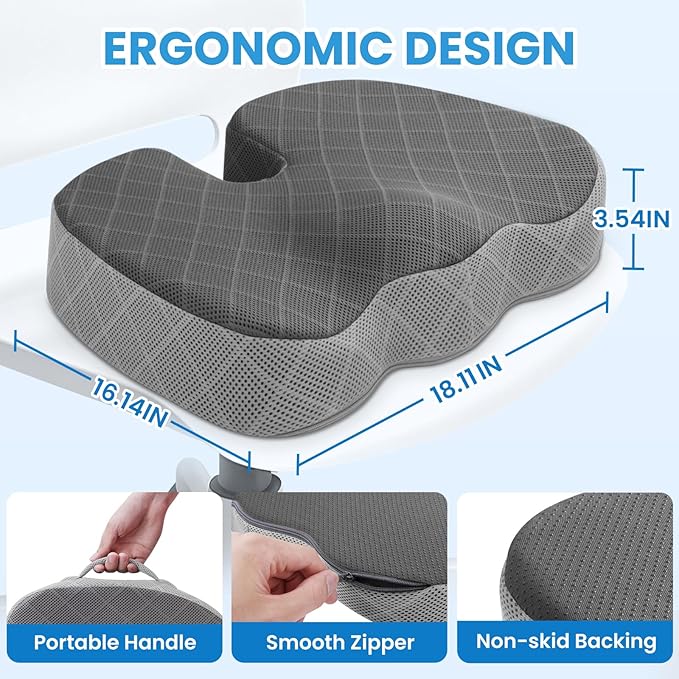TushGuard Office/Car Seat Cushion, Non-Slip Sciatica & Back Coccyx Tailbone Pain Relief Chair Pad, Memory Foam Butt Pillow for Computer Desk, Wheelchair, Driving (Black&Grey, X-Large)-DeskLoop Office