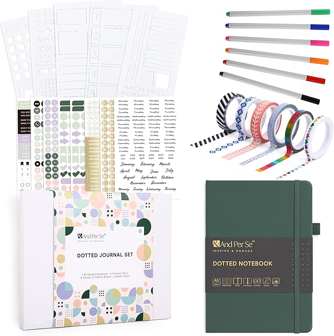 &And Per Se Dotted Journal Notebook Set, A5 Hardcover Dotted Journal (Green), 6 Fineliner Pens, 8 Sticker, 5 Stencil Sheets & 6 Washi Tapes, Journaling Supplies for Planner Schedule-DeskLoop Office