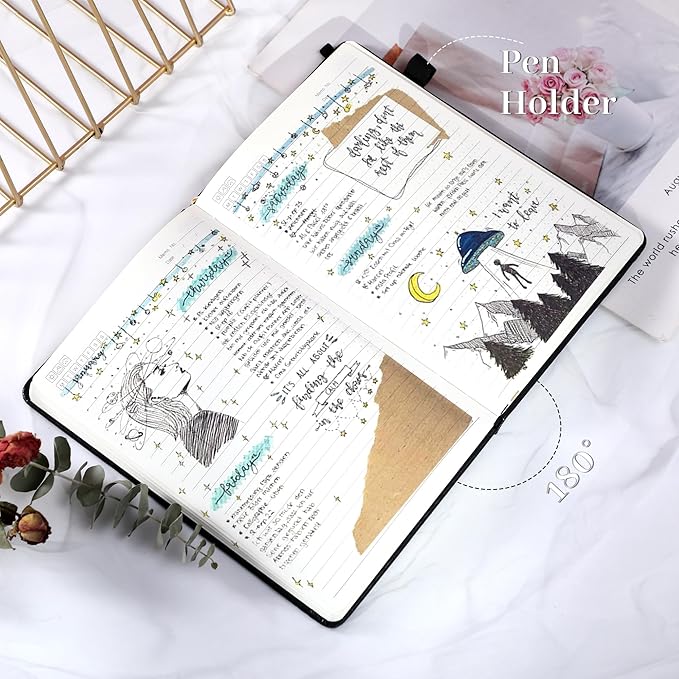 Lined Journal Notebook for Women Cute Leather Journals for Writing Aesthetic Floral Diary 192 Pages A5 Hardcover Journaling Notebooks with Pen Loop, 5.7 x 8.3 In, Black-DeskLoop Office