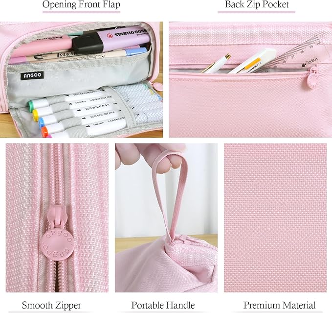 MAMUNU Pencil Case Pouch Large Capacity with Compartments, Pencil Case Pouch Bag with Zipper Handle for Teen Girls Adults Women, Portable Pen Bag Stationery Organizer for Office School Travel, Pink-DeskLoop Office