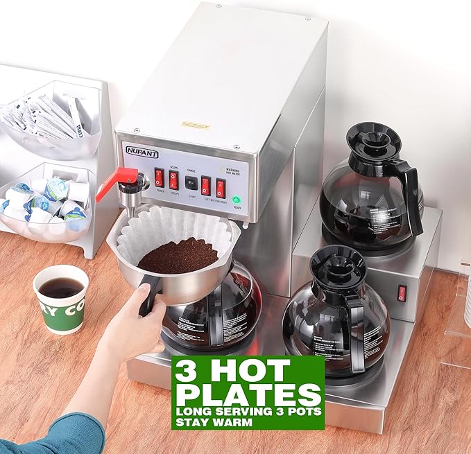 12 Cup Commercial Coffee Maker Auto Filling Drip Coffee Maker Machine with 3 Glass Carafes 3 Warmers Stainless Steel Pour Over Coffee Brewer with Hot Water Dispenser for Restaurant Office Cafe-DeskLoop Office