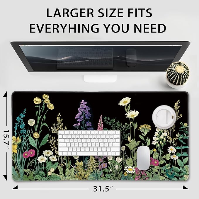 Wildflower Black Large Gaming Mouse Pad 31.5"x15.7"｜ XXL Desk Mat, Non-Slip - Image 4