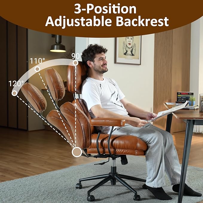 Faux Leather Executive Office Chair - Big and Tall Ergonomic Home Office Chair,Reclining Computer Desk Chair with Lumbar Support,Adjustable Task Chair Swivel Rolling PC Chair with Wheels,Browm,PU-DeskLoop Office
