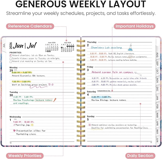 Planner 2026–2027, Academic Monthly Weekly Spiral Calendar, July 2026 – June - Image 3