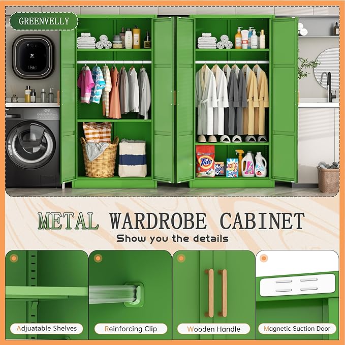 Greenvelly Metal Wardrobe Cabinet with Wooden Handle, 72" Metal Wardrobe Closet with Hanging Rods and Adjustable Shelves, Clothing Storage Closet Cabinet for Home, Office, Employee, Gym (Green)-DeskLoop Office