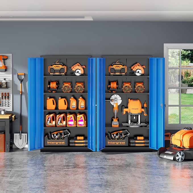 INTERGREAT Garage Storage Cabinets with Doors and Shelves,72" H Steel Locking Cabinets Storage with Lockable Door,Metal Storage Cabinet for Home Office,Warehouse,School,Black Blue-DeskLoop Office