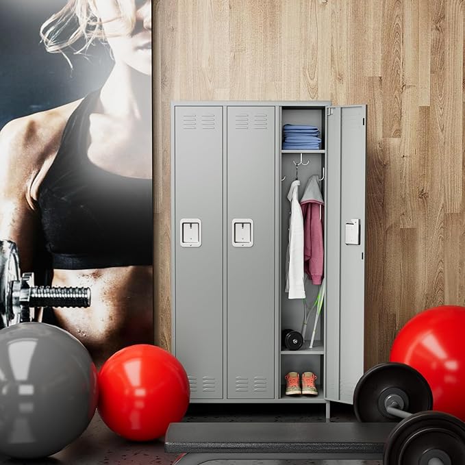 Metal Storage Locker with 3 Doors,Metal Locker for Employees with 9 Hooks for School Garage Office Gym Home,Assembly Required,Light Grey-DeskLoop Office
