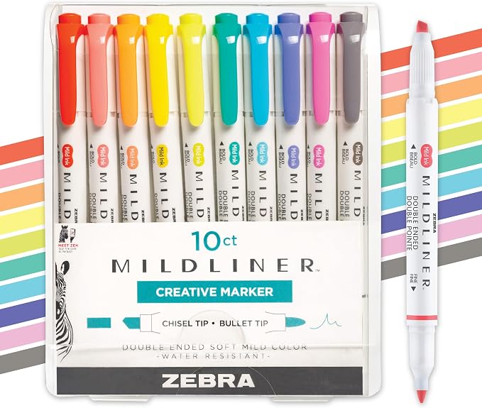 Zebra Pen Mildliner Dual-Tip Highlighter Set, Broad and Fine Tips, No Bleed by ZebraPen
