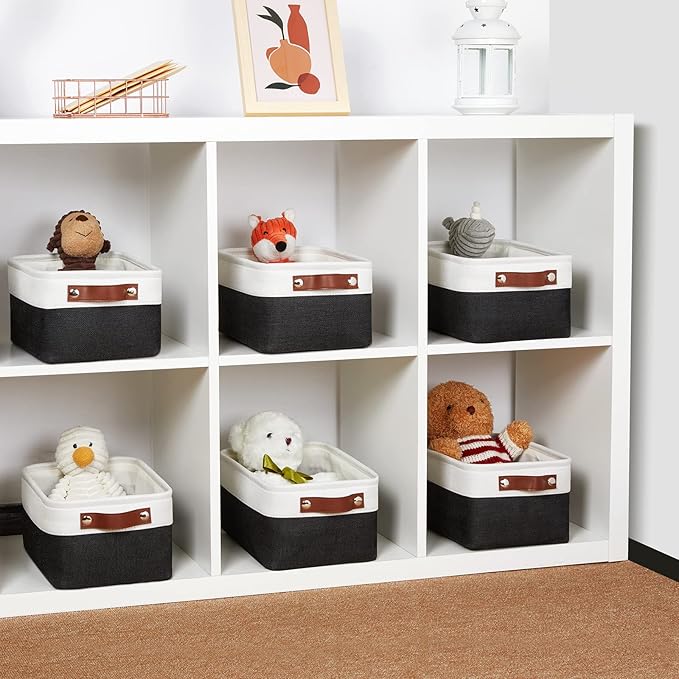 DULLEMELO Small Storage Baskets 6 Pack, Fabric Collapsible Gift Storage Baskets for Shelves, Closets, Nursery, Home, Office Organizing,Small Canvas Linen Rectangular Storage Bins (White&Black)-DeskLoop Office