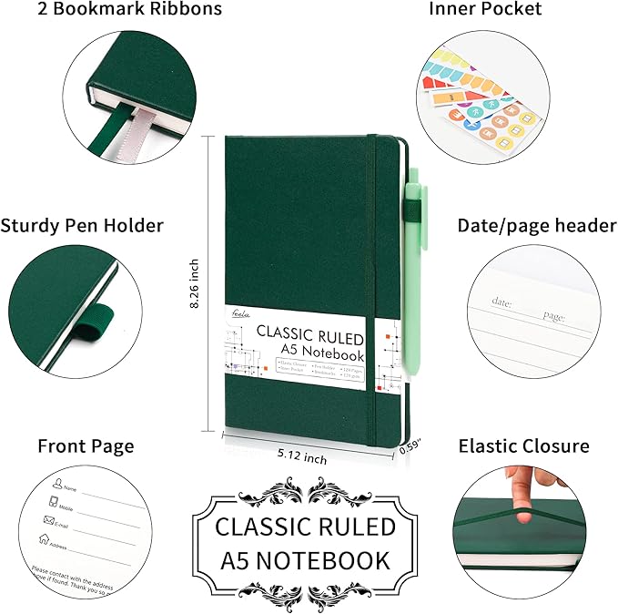 feela 12 Pack Notebooks Journals Bulk with 12 Black Pens, A5 Hardcover Notebook Classic Ruled Journal Set with Pen Holder for School Business Work Travel Writing, 120 GSM, 5.1”x8.3”, Dark Green-DeskLoop Office