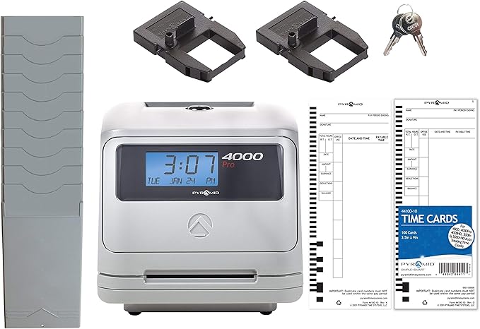 Pyramid Time Systems - Model 4000 Pro Auto Totaling Time Clock [ 4000PROK ] for Small Business, Bundle Includes: 125 Time Cards,2 Ink Ribbon cartridges, 1 Ten Time Card Rack, 2 Security Keys-DeskLoop Office