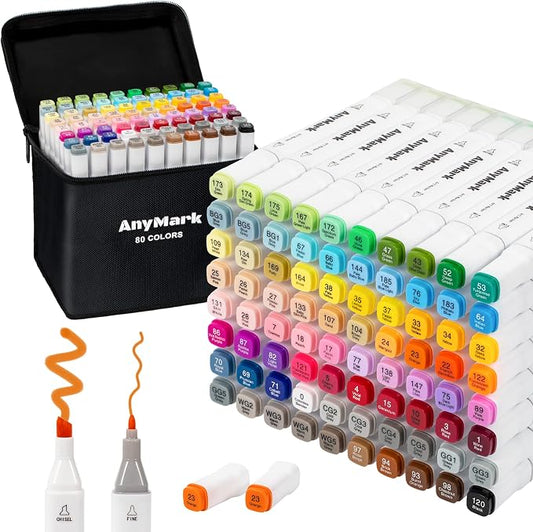 AnyMark Alcohol Markers, 80 Colors Dual Tip Art Coloring Markers Set by AnyMark