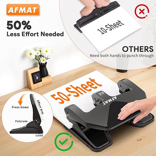 AFMAT Heavy Duty 3 Hole Punch, 50-Sheet Capacity, 50% Reduced Effort Three Hole - Image 2
