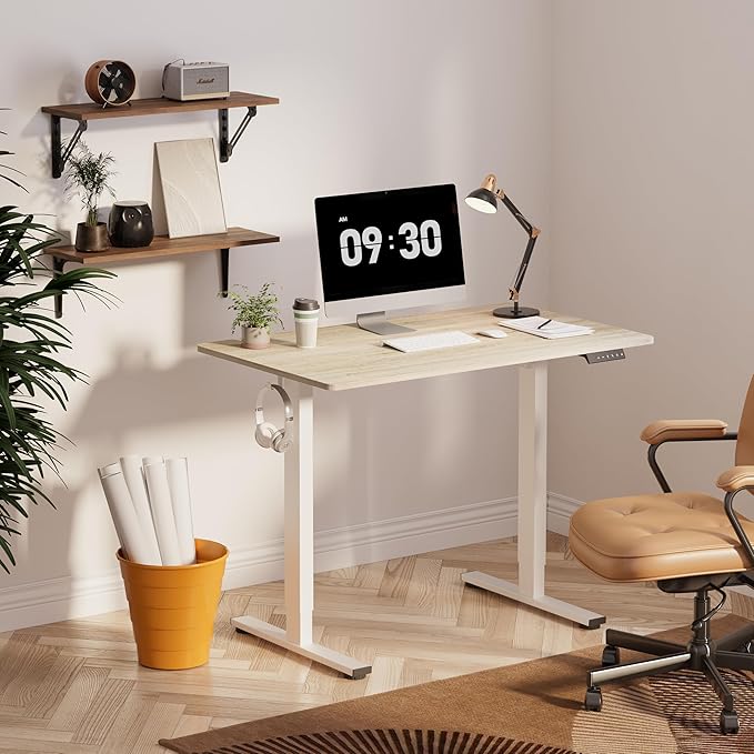 FLEXISPOT EN1 One-Piece Standing Desk, 40 x 24 Inches Electric Height Adjustable Desk for Home Office (White Frame + White Wood Grain Desktop)-DeskLoop Office