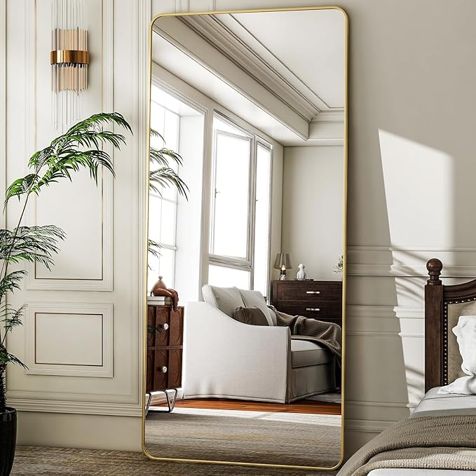 HARRITPURE 71x32 inch Rounded Full Length Mirror Aluminum Frame Gold Mirror Full Length Floor Mirror with Stand for Living Room Bedroom Cloakroom-DeskLoop Office