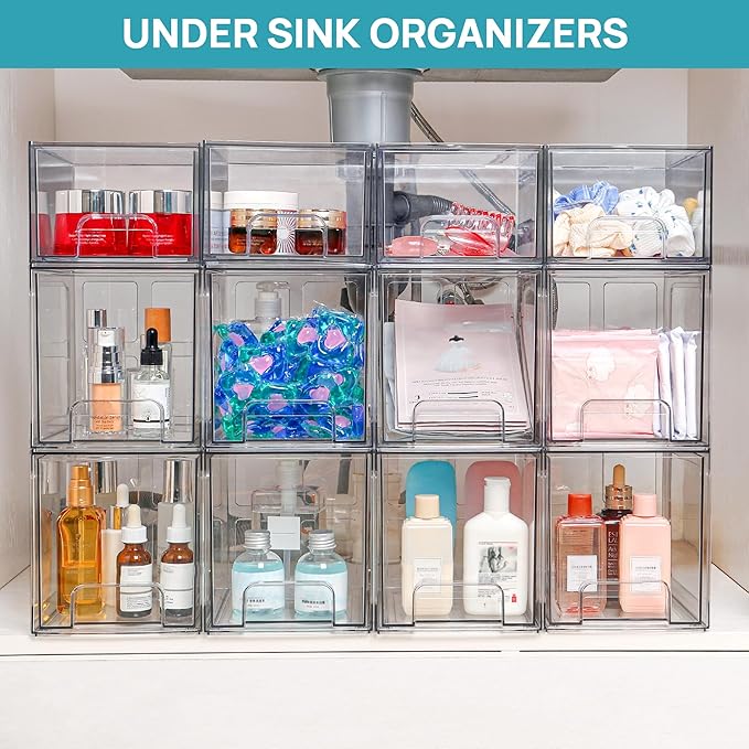 Vtopmart 4 Pack Stackable Storage Drawers, 6.6''Tall Acrylic Bathroom Makeup Organizers,Clear Plastic Drawers For Vanity, Undersink, Kitchen Cabinet,Pantry Organization and Storage-DeskLoop Office