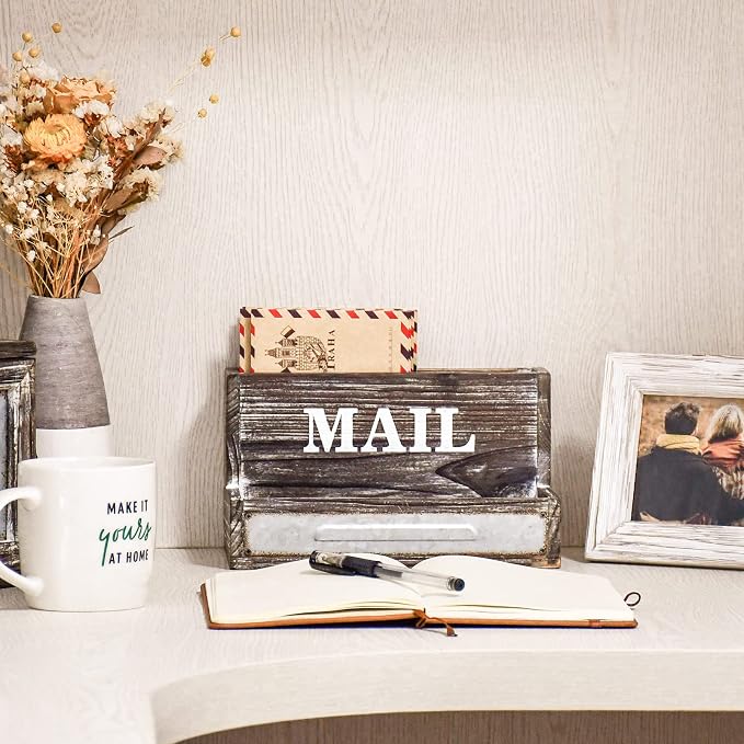 OKSQW Farmhouse Wood Desktop Desk Mail Organizer - Image 6