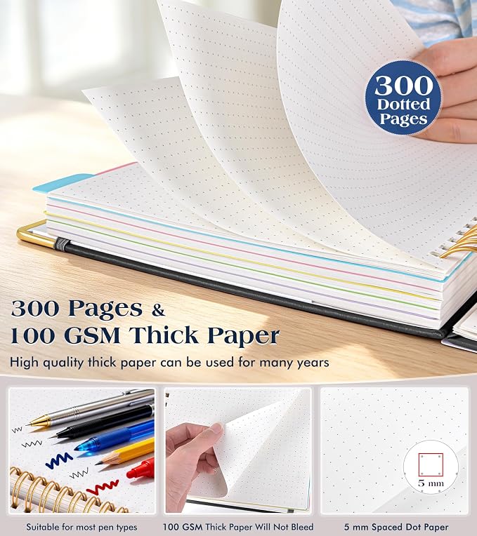 5 Subject Dotted Notebook with Removable Dividers Tabs, 300 Pages Hardcover - Image 5