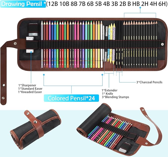 Sketching Drawing Art Pencil Kit-50 Piece Set with 24 Color Pencils for Adult Kid Coloring Books, 14 Graphite 3 Charcoal Erasers Etc., Artist Supplies Ideal for Adult, Kid,Student, Beginner