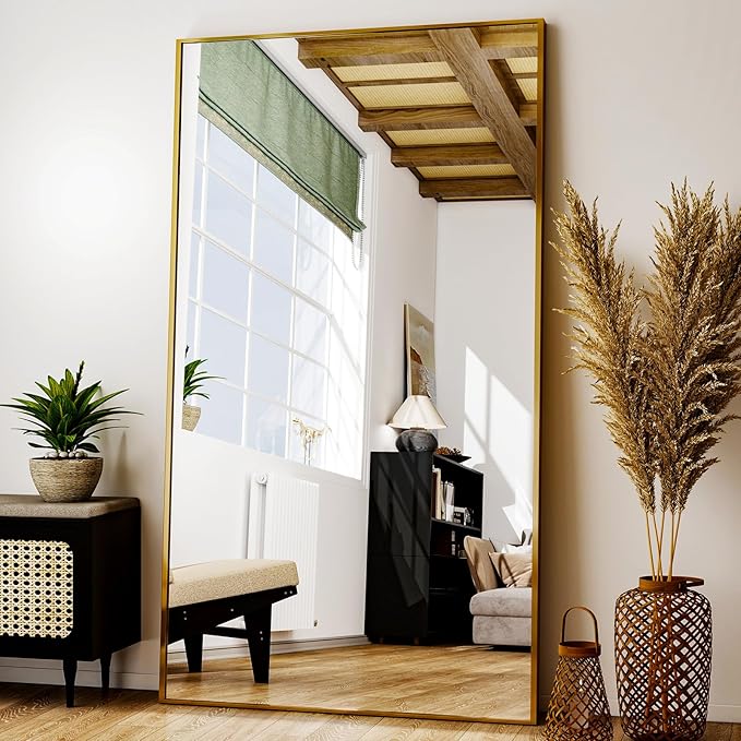 Full Length Mirror with Stand 38"x77" Full Body Mirror Floor Mirror Standing Hanging or Leaning Wall, Wall Mirror with Stand Aluminum Alloy Frame for Living Room Bedroom Cloakroom,Gold-DeskLoop Office