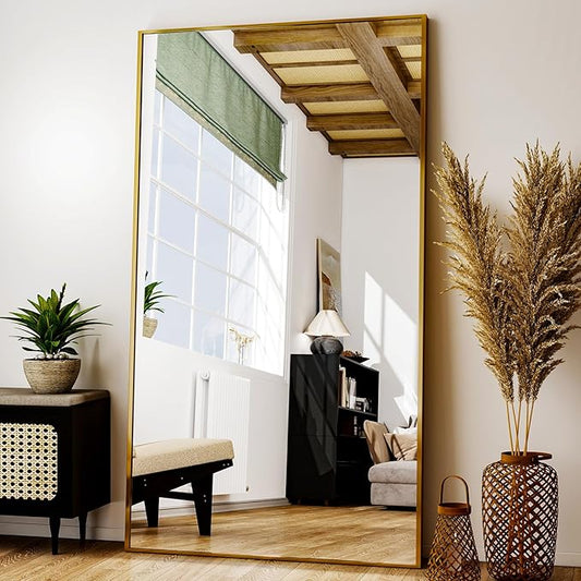 Full Length Mirror with Stand 38"x77" Full Body Mirror Floor Mirror Standing Hanging or Leaning Wall, Wall Mirror with Stand Aluminum Alloy Frame for Living Room Bedroom Cloakroom,Gold-DeskLoop Office