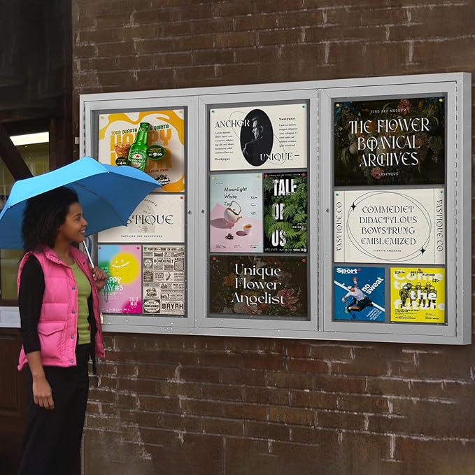 SWANCROWN Outdoor Bulletin Board 94x48in, Enclosed Bulletin Board with Locking Door for Office School Commerce, Grey Felt, Sliver Aluminum Frame-DeskLoop Office