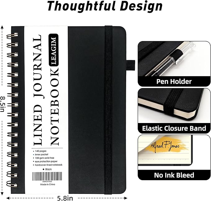 Lined Spiral Journal Notebook for Women & Men, College Ruled Hardcover Notebook for Work & Note Taking, Journals for Writing, 100 GSM, Business, School, 140 Pages, A5(5.8"x8.5") - Black-DeskLoop Office