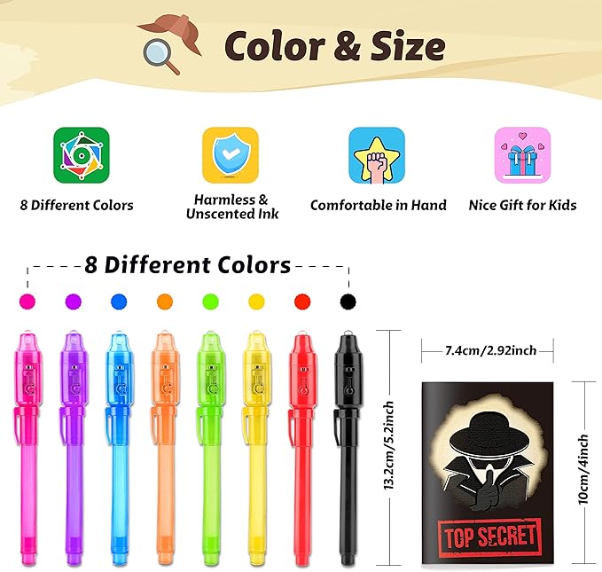 GIFTINBOX Invisible Ink Pens with UV light for Kids, Spy Pen Party Favors for Kids 8-12, 24Pack Invisible Ink Pen and Notebook, Magic Marker for Secret Message Birthday Party Favors for Kid 4-8-DeskLoop Office